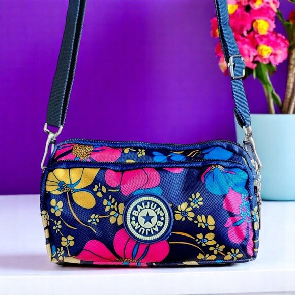 π Colorful Floral Nylon Summer Crossbody Mini Belt Bag | 3 Zippered Pockets - Picture 4 of 12